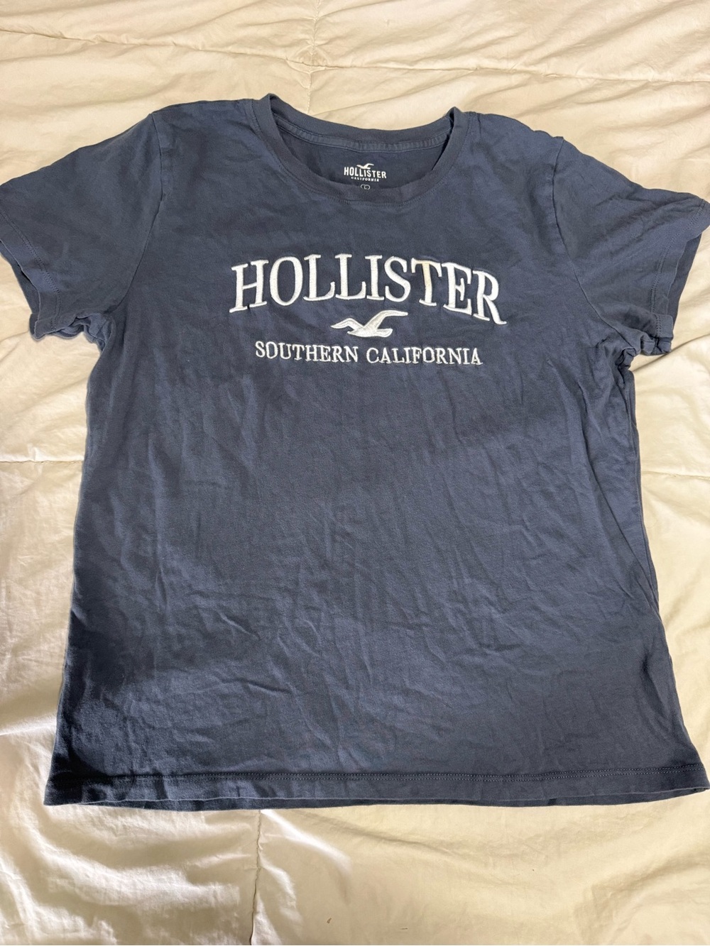 Hollister Navy Short Sleeve Logo Tee with White Print